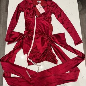 Oh Polly Red Satin Plunge Wrap Dress